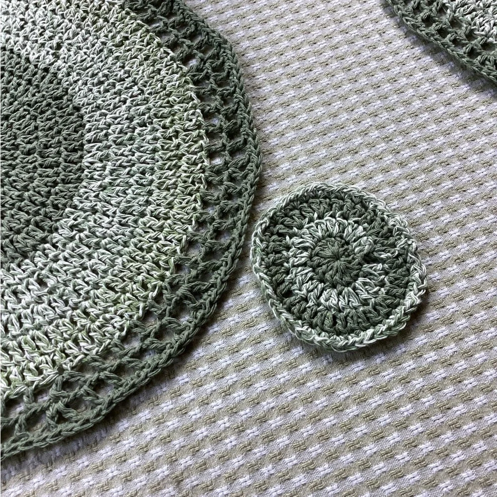 Placemat Coaster Set Hand Crafted Green White Cotton Crochet Boho